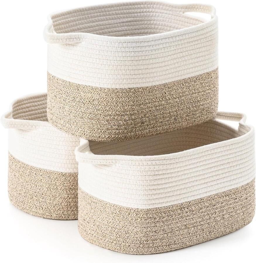 Katoenen touw geweven opbergmand voor baby hamper speelgoed organizer set van 3 (Wit en Bruin 38x25x22 cm)