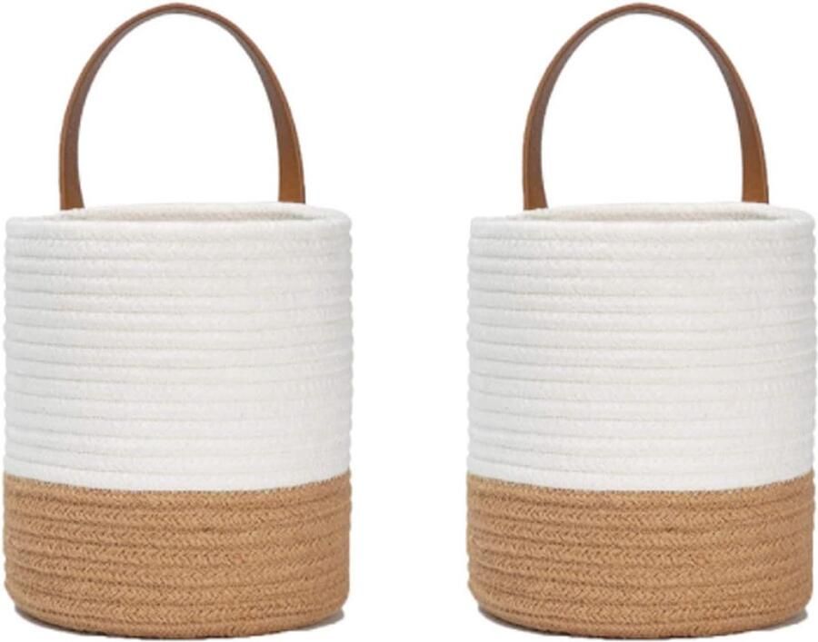 Katoenen Touw Geweven Plantenmand Hangende Wandmand Set met PU-Handgrepen Set van 2 Opbergmand van Katoen voor Vetplanten Bloemen en Kruiden