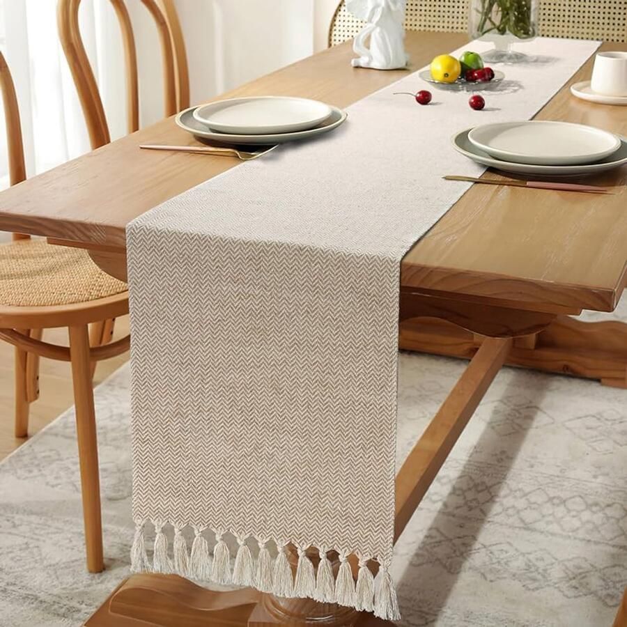 Katoenen Vlas Tafelloper met Kwastjes Eettafel Decoratie 1 stuk Jute Katoen 180x33cm