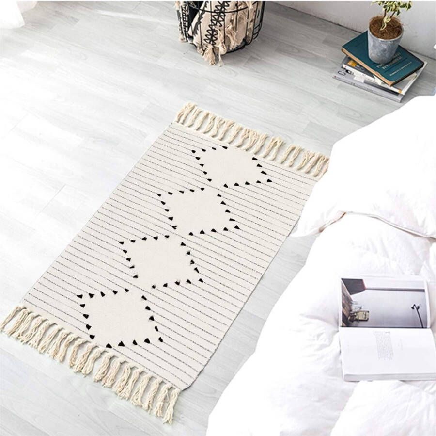 Katoenen vloerkleed bedrukte moderne handgeweven tapijten loper met kwastjes wasbare tapijten voor slaapkamer woonkamer keuken wit 60 x 90 cm