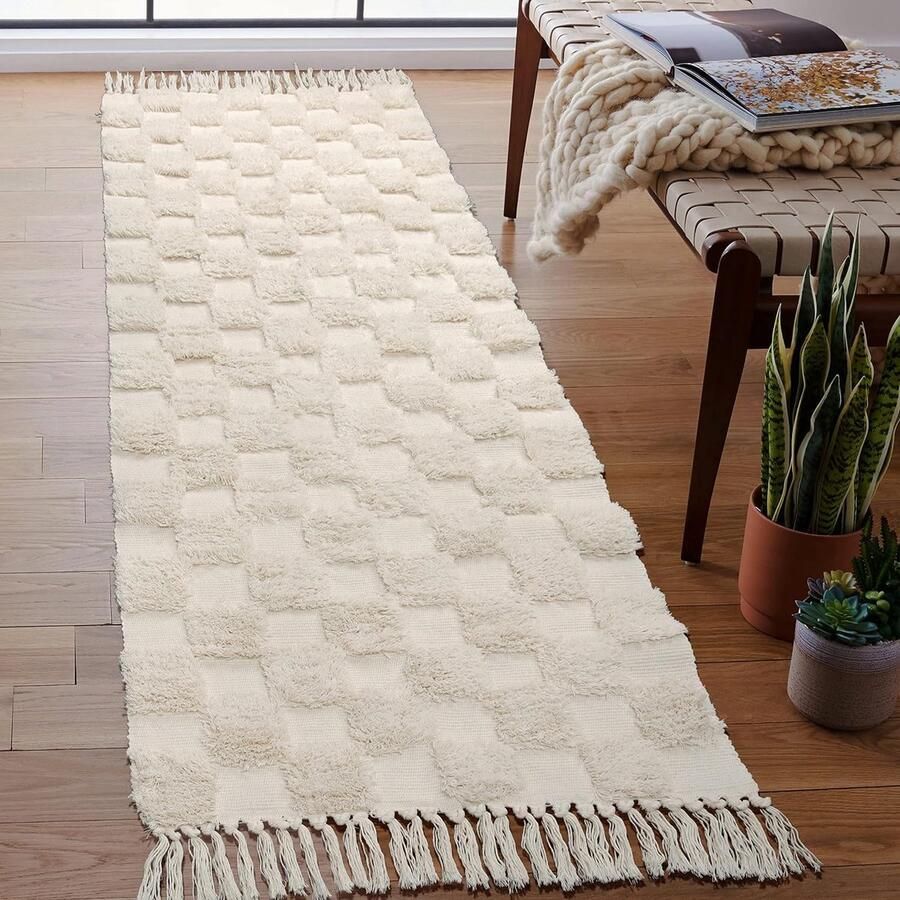 Katoenen vloerkleed Getuft katoenen vloerkleed Wasbaar retro vloerkleed Haltapijt met kwastjes Marokkaanse Boho-tapijten voor woonkamer slaapkamer voordeur (beige schaakbord 60 x 180 cm)