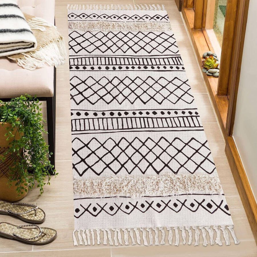 Katoenen vloerkleed met kwastjes handgeweven chic boho mandala bedrukt patroon machinewasbaar ideaal voor woonkamer slaapkamer