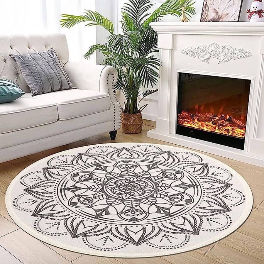 Katoenen Vloerkleed Rond 120cm Beige Katoenen Vloerkleed Rond Wasbaar Groot Vintage Tapijt Mandala Rond Boho Vloerkleed voor Woonkamer Slaapkamer Tapijt Flatweave