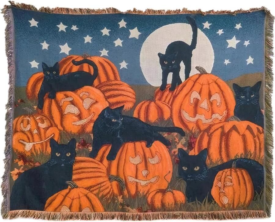 Katten Halloween Deken Vintage Zwart Kat & Pompoen Zacht Katoen en Linnen Herfstdeken voor Kantoor Bed en Bank