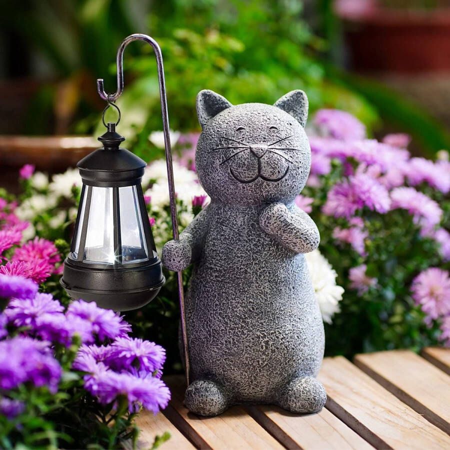 Katten tuinfiguren voor buitengebruik met zonne lantaarn Grappige waterdichte zonne lamp figuur tuindecoratie voor buiten balkons cadeaus voor vrouwen mannen moeder verjaardag feeëntuin grijs