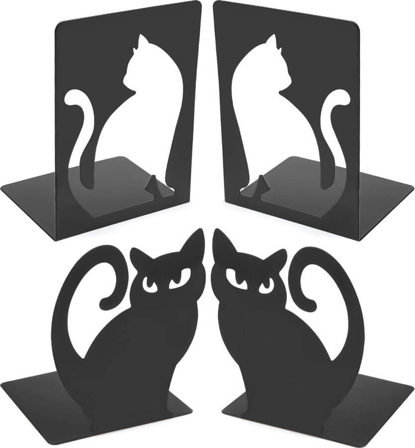 Kattenboekensteun 2 paar boekensteunen metaal antislip boekenstandaard zwart boekenhouder voor boeken dvd's boekenhouder voor plank kantoor bibliotheek huis en school