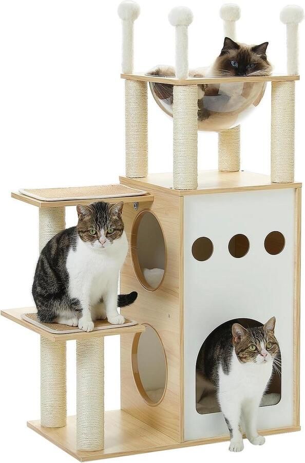 Kattenkast 108 cm houten kattentoren met 2 verdiepingen krabpalen capsulenest bungelende ballen Modern Sky City design