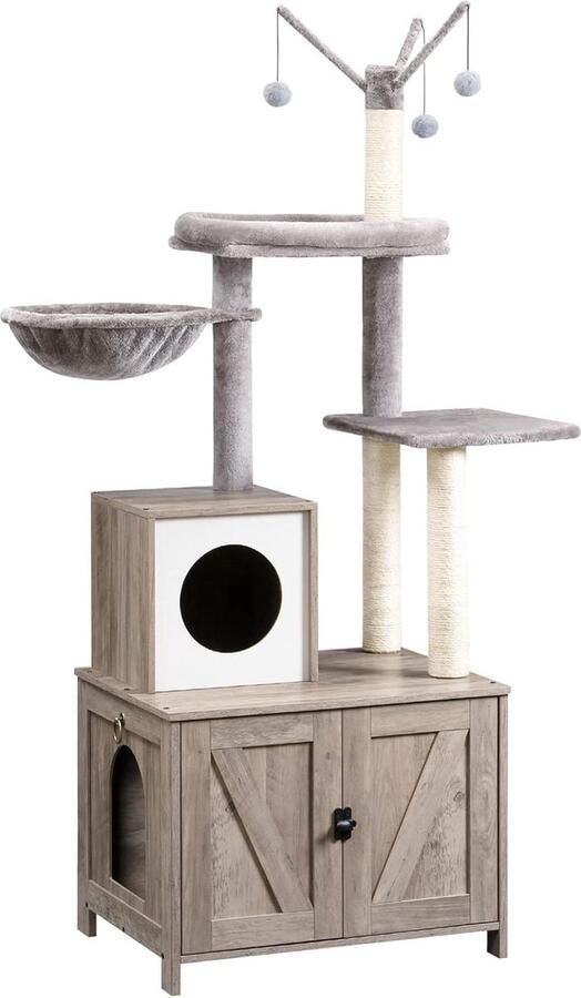 Kattenkast 2-in-1 krabpaal kattenboom 150 cm verborgen kattentoiletmeubel sisalstammen afneembare pluche balstang greige EBG15MZ03
