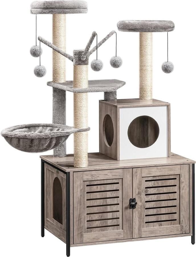 Kattenkast 2-in-1 Krabpaal Kattenboom met Kattenbak Moderne Kattentoren Baars Wasbare Kussens Grijs Beige EBG14MZ03