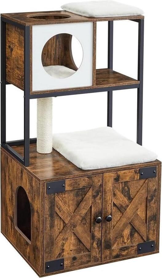 Kattenkast 2-in-1 krabpaal kattenboom met kattenbakkast sisalstam platforms vintabruin huis PCT316X01