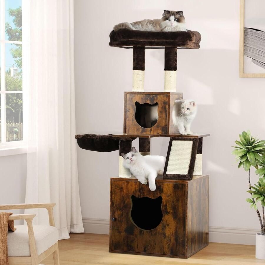 Kattenkast 4-in-1 krabpaal hout sisalstammen krabplank hangmat vintage bruin