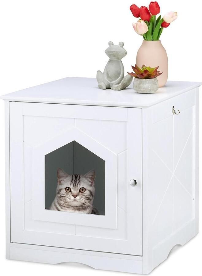 Kattenkast Grote Ingang Magnetische Deur Kattenbak Ombouw Met Luchtgaten HBD 52x48x53 cm Wit
