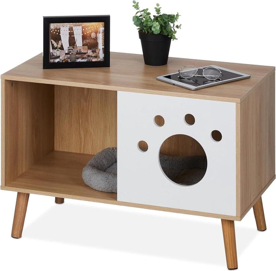 Kattenkast HBD 50x75x40 cm Kattenhuis op Pootjes voor Binnen Halfopen Design Natuur Wit