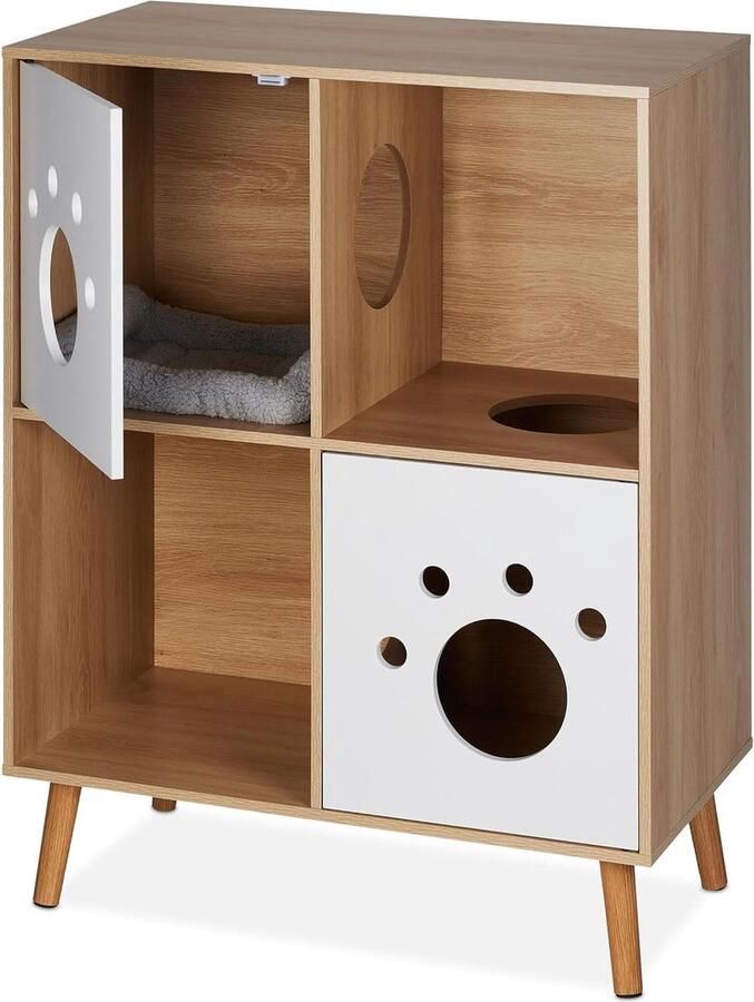 Kattenkast HBD 96x75x40cm Kattenhuis voor binnen Kattenvilla halfopen design natuur wit