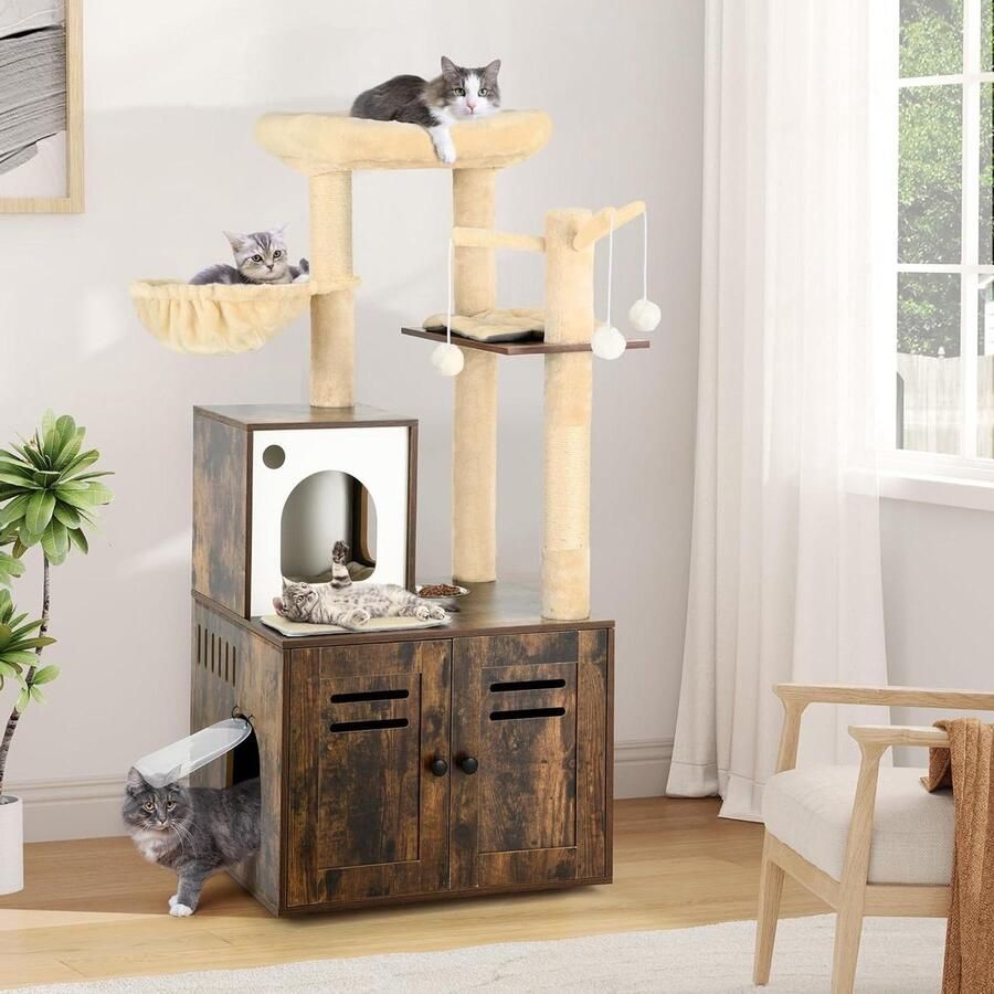 Kattenkast houten kattenboom met kattenbakkast en sisalpaal vintage bruin kattenkrabpaal met afneembaar pluche kussen hangmat 3 ballen