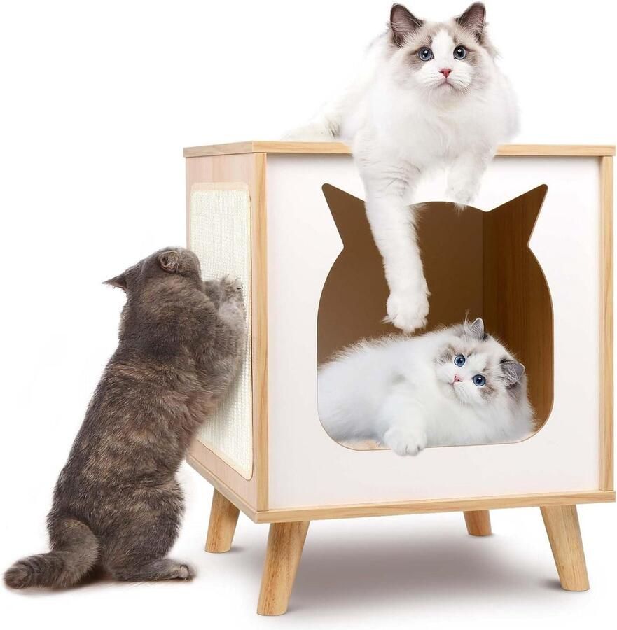 Kattenkast Houten kattenhuis kattenbed indoor kattenkrabber appartement tv-vormig kattenmeubilair Nightsatnd End Tafel natuurlijk