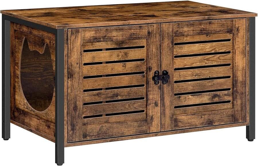 Kattenkast Kattenhuis voor kattentoilet en kattenbakkast Lamellendeur Huisdierbox 4 ijzeren voeten Schattige deuropening Donkerbruin vintage EBF06MW01