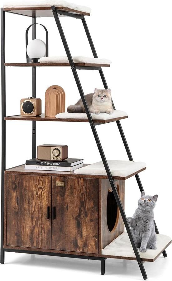 Kattenkast met 5 Ladderplanken – Kattenmeubel met Verborgen Kattenbak Metalen Frame Kantelbeveiliging & Verstelbare Poten (Bruin)