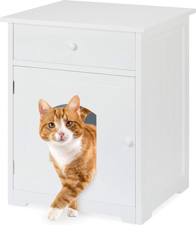 Kattenkast met lade kattenbak hout kattenhuis kast HBD 63.5 x 52 x 48 cm wit