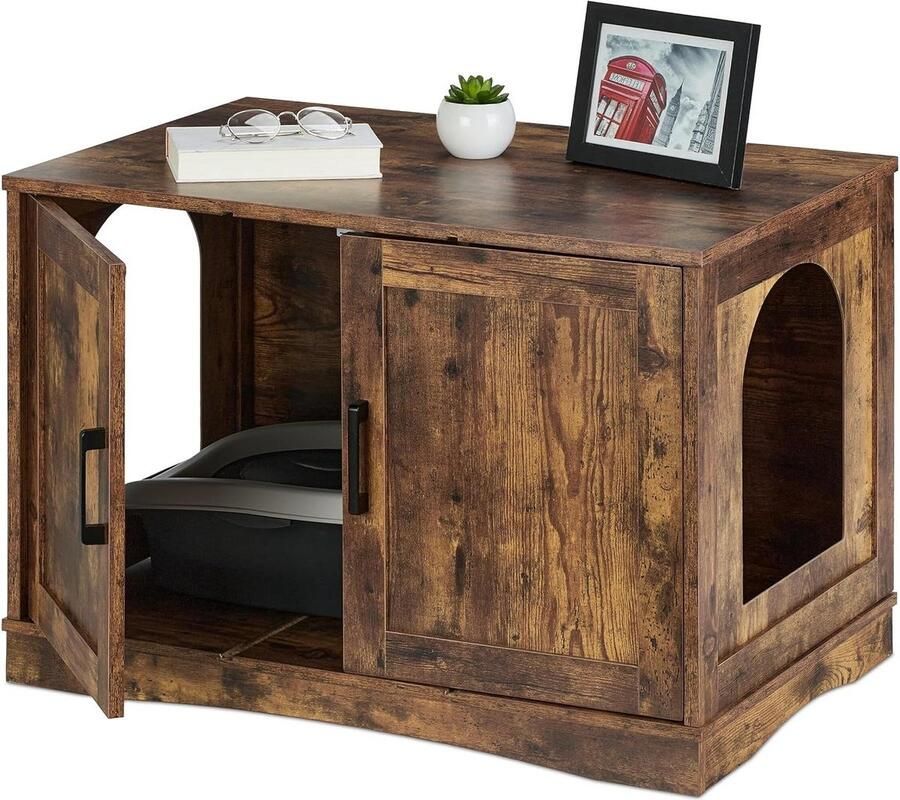 Kattenkast Ombouw Met Scheidingswand 2 Ingangen Industrieel Design HBD 50x755x50 Cm Bruin-Kattenbak-Kattenmeubel