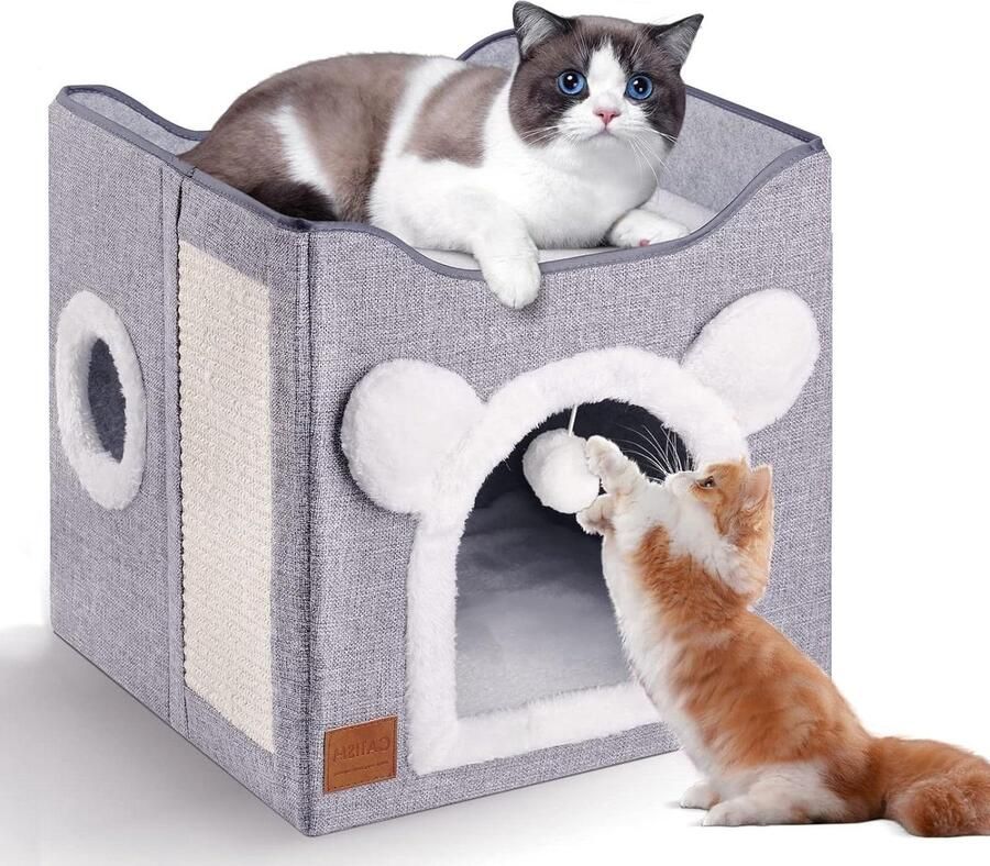 Kattenkast Opvouwbaar kattenhuis 40 x 40 x 35 cm kattenbed 2 lagen grote kattenmand huisdieren kat krabplank pluizige bal kleine middelgrote rust