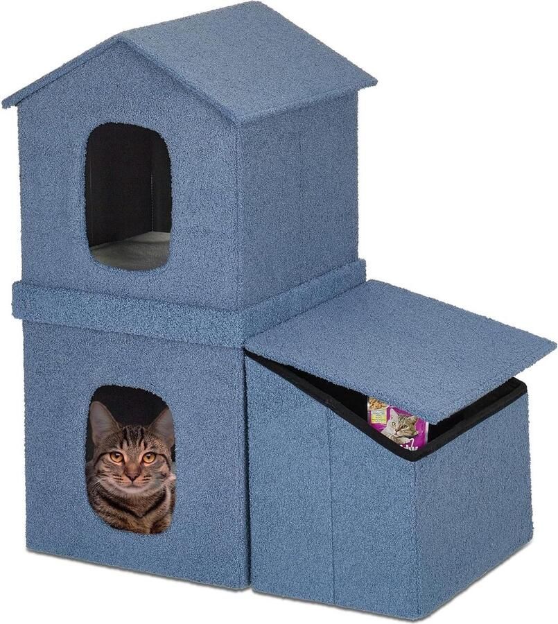 Kattenkast Opvouwbaar Kattenhuis Binnen HBD 86x75x44 cm Blauwe Kattenholletje 2 Etages Kattenmand Opbergvak