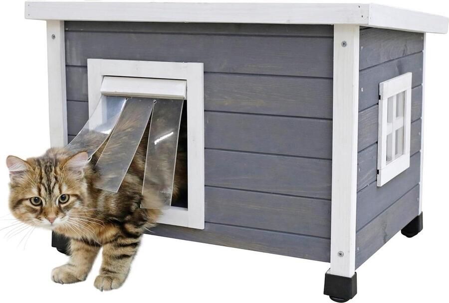 Kattenkast Rustica houten kattenhuis wit-grijs draaideur lamellen plexiglas raam verstelbare kunststof poten kattenvilla_TER-80991