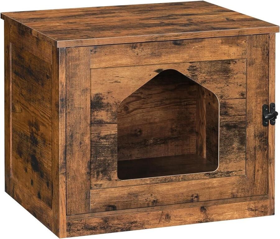 Kattenkast Rustiek Bruin EBF01MW01G1 Kattenhuis met deur en gat Verborgen dierendoos Industriële kattengrotkast Vergrote kattenbakbehuizingen Woonkamer slaapkamer