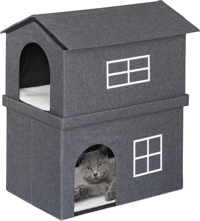 Kattenkast Stof Opvouwbaar HxBxD 715x625x44 cm Donkergrijs Indoor 2 Ingangen Kattenmeubel