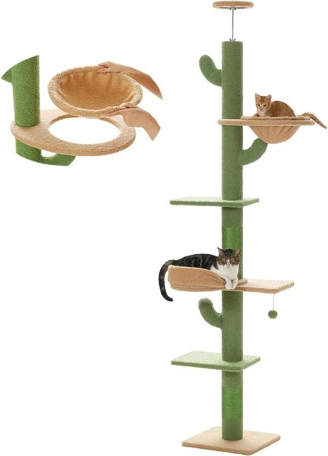 Kattenkast vloer-en plafond-hoge Cactus Kattenboom met 5 platforms en hangmat verstelbare kattentoren voor binnenkatten (205-255 cm)