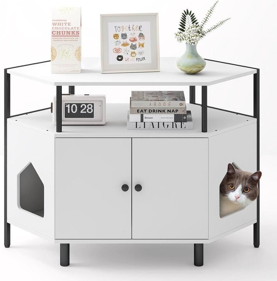 Kattenkast voor Hoek met 2 Deuren en Accessoire-opbergruimte Kattentoilet en Kattenhuis