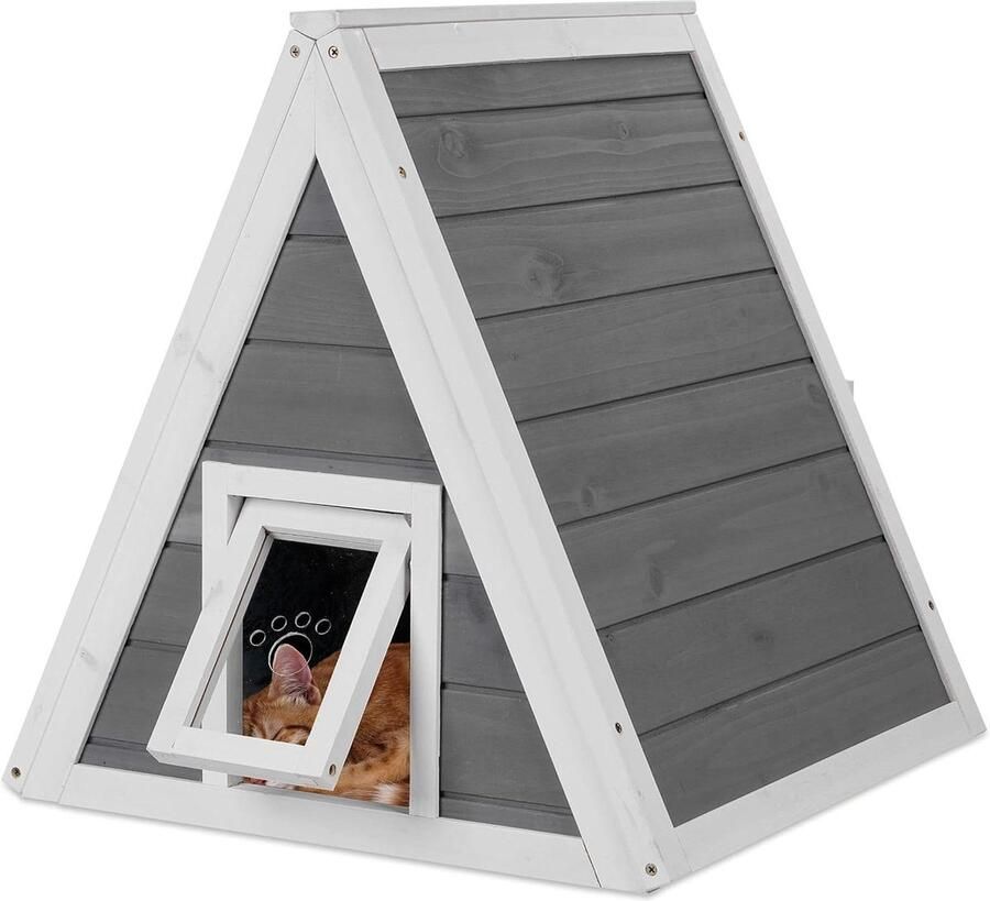 Kattenkast weerbestendig hout kattenhuis HxBxD: 54 x 52 x 64 cm 2 ingangen kattenhok buiten kattenmeubel grijs-wit