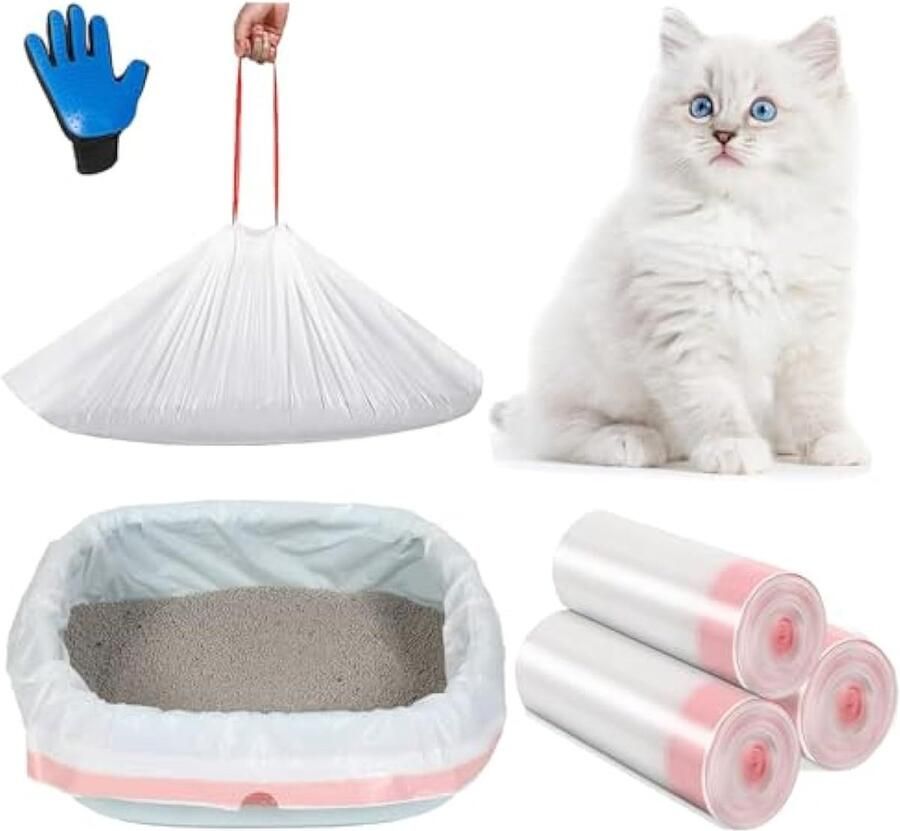 Kattenstrooisel Voeringen met Trekkoorden +Massagehandschoenen voor kammen voor huisdieren Zakken voor Extra Grote Kattenbakken 30zakken 915 × 450×0.03mm