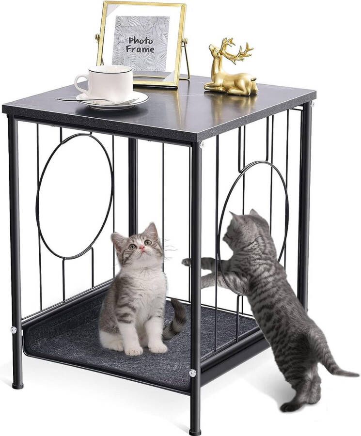 Kattentafel bijzettafel salontafel 2-laags bijzettafel met plank nachtkastje met metalen draadhek nachtkastje voor woonkamer slaapkamer bank hal kantoor zwart