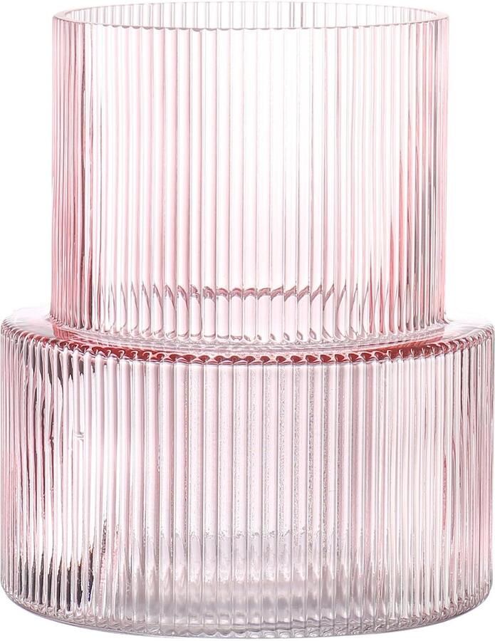 KAYLETIN Roze glazen vaas geribbelde vazen ​​voor bloemen bloemenvaas voor tulpen moderne vazen ​​voor woonkamer eettafel entree schoorsteenmantel plank bruiloft kantoor 19 cm