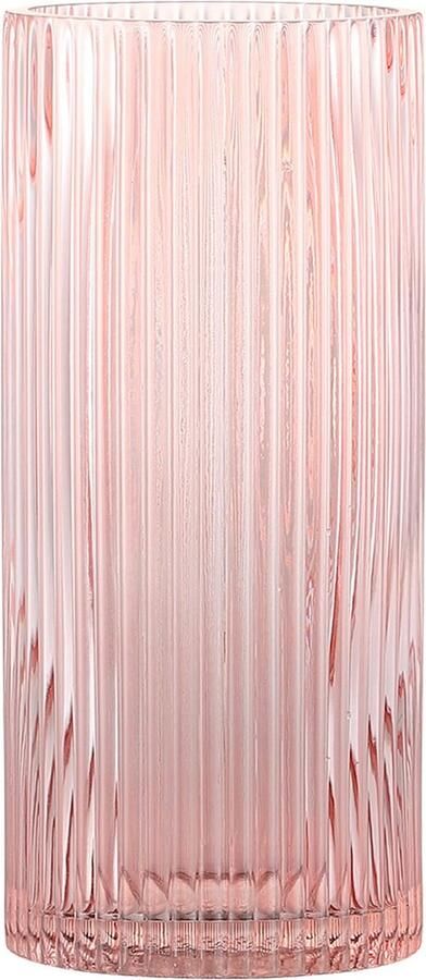 KAYLETIN Roze glazen vaas voor bloemen geribbelde glazen vazen roze bloemenvaas hoge cilindervormige vazen ​​voor woonkamer eettafel bruiloft boekenplank kantoor 25 cm