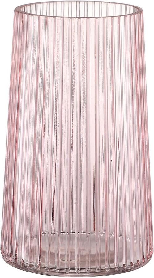 KAYLETIN Roze glazen vaas voor bloemen geribbelde vaas bloemenvazen ​​voor boeketten moderne glazen vazen ​​voor woonkamer slaapkamer eettafel kantoor plank 20 cm