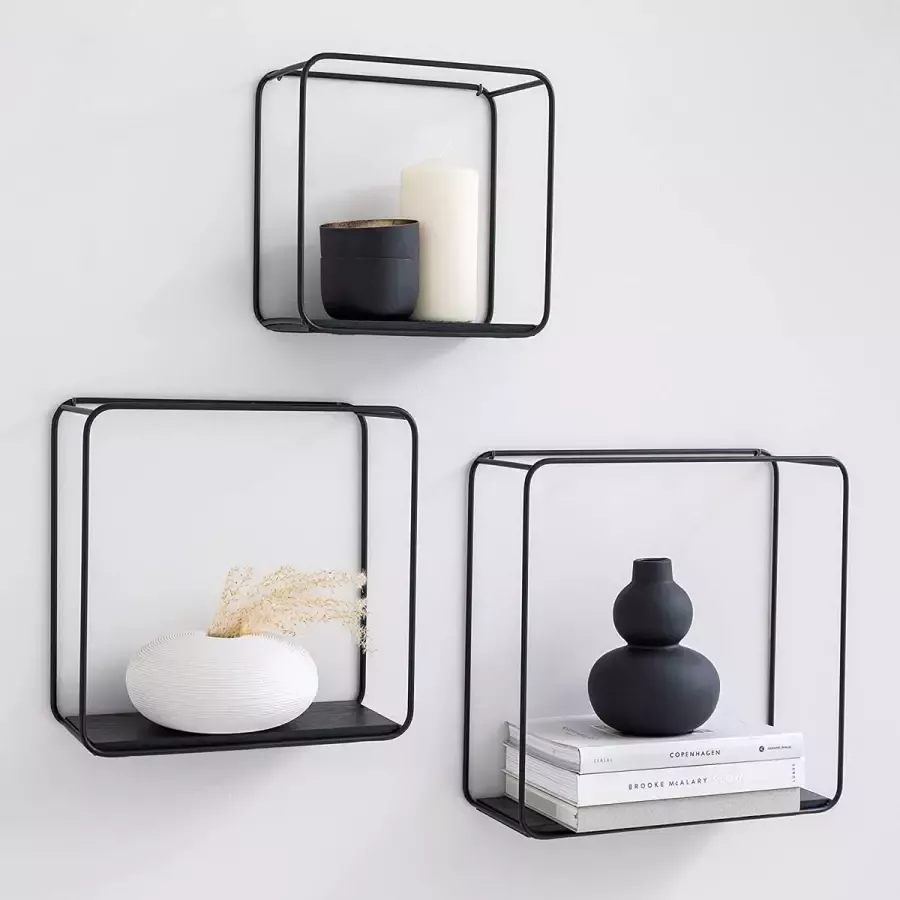 Kazai. Jona Wandrekenset 3-delig hangrek van metaal en echt houten veneer wanddecoratie en plank voor badkamer woonkamer keuken slaapkamer en meer mat zwart