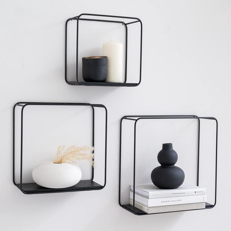 KAZAI Wandplanken Metalen Plankenunit Multifunctioneel 3-Delige Set Eiken Zwart Houtfineer