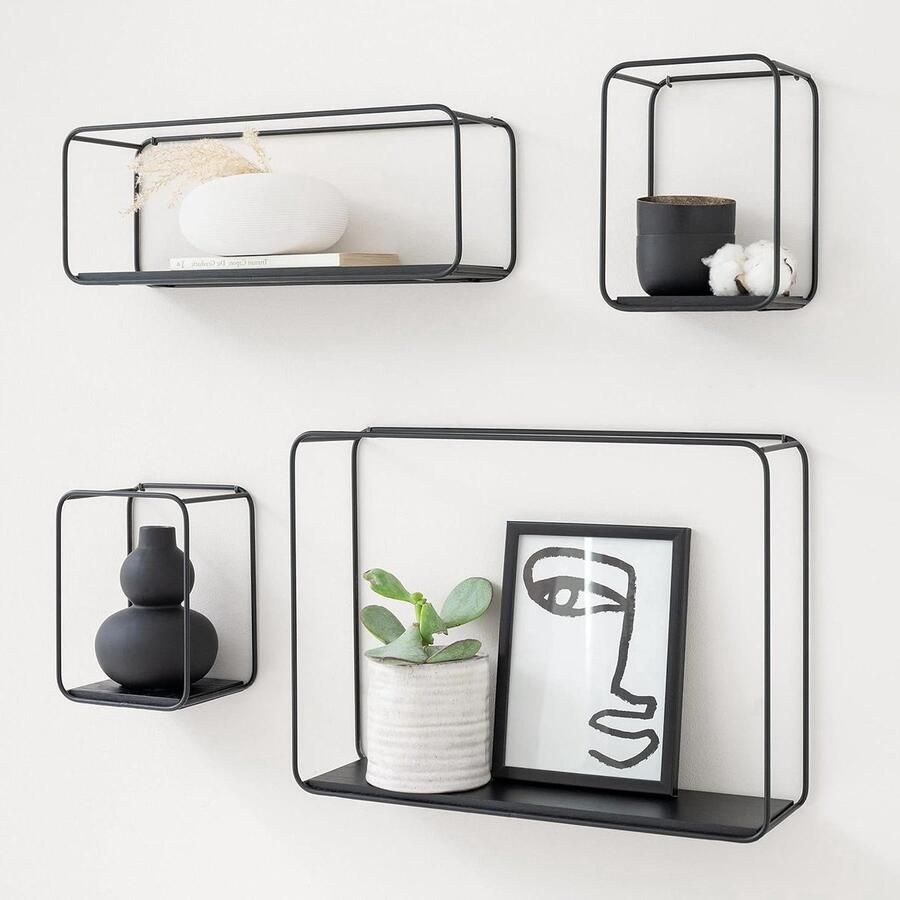 KAZAI Wandplanken Wanddecoratie 4-Delige Plankenunit Eiken Zwart Metaal & Houtfineer