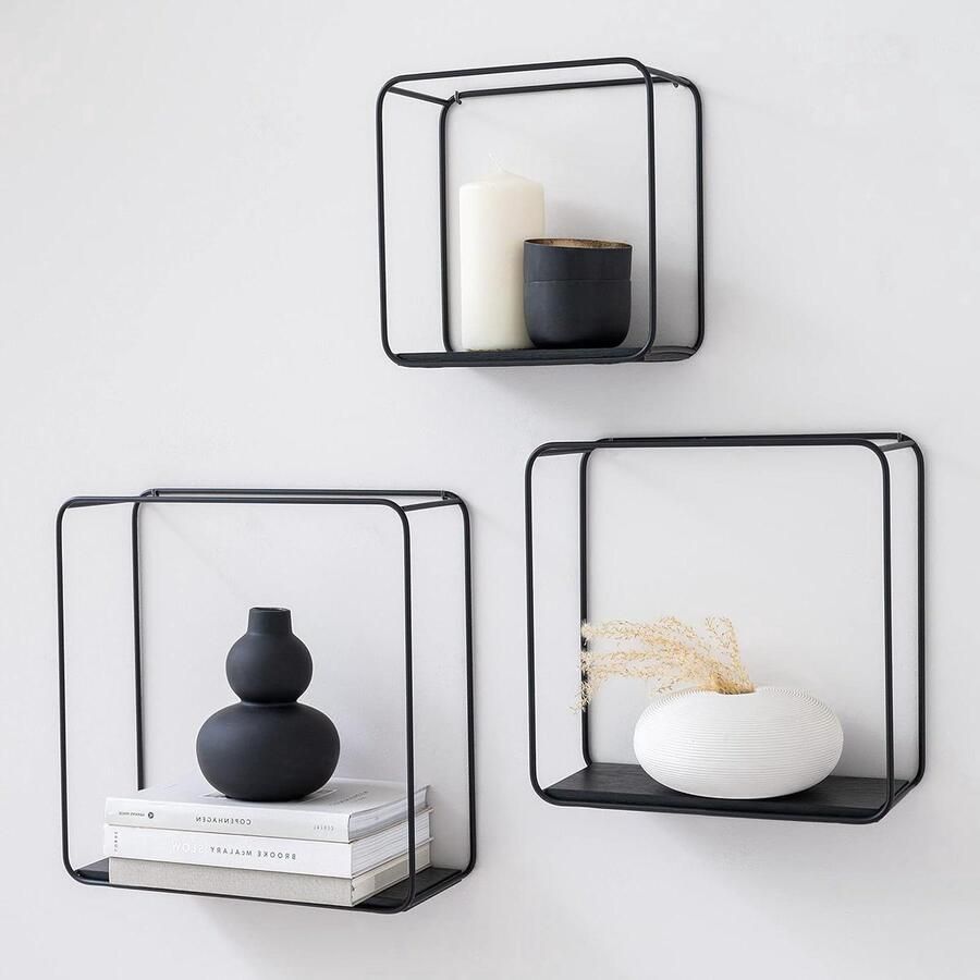 KAZAI Wandplanken Wanddecoratie Opslag en Boekenplank 3 Delige Plankenunit Eiken Zwart Metaal en Echt Houtfineer