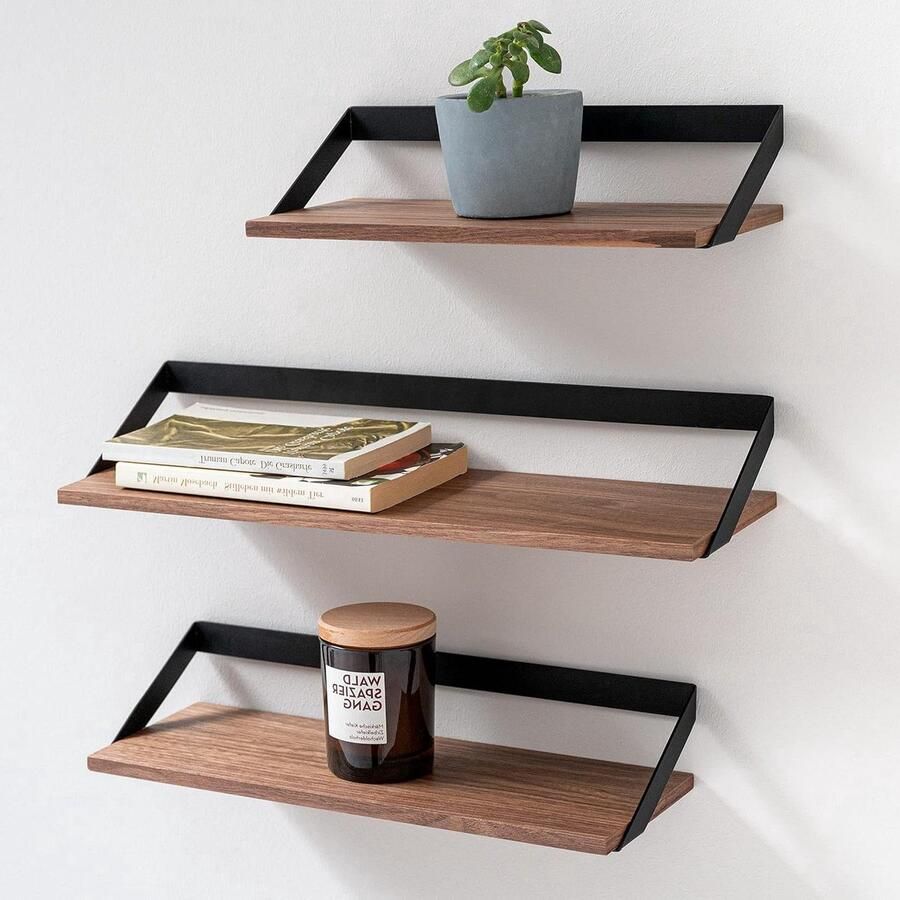 KAZAI Wandplanken Zwevende Planken voor Wanddecoratie Set van 3 Walnoot Houtfineer en Metaal