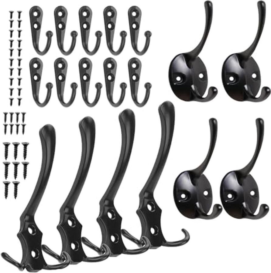 KBRPEY Kapstokken 18 stuks Kapstokken Zwart 10 Antieke Kleine Muurhaken 4 Dubbele Haken 4 Enkele Haken Kapstokken Kapstok Metalen Wandhaken Sleutelhaken Badkamer Keukendeur Kledingkast