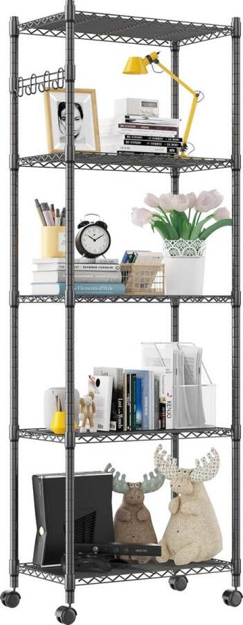 Kelderrek met wielen plank boekenkast rek opslagrek opbergrek steekrek staand rek 61 x 36 x 180 cm (in hoogte verstelbaar zwart)