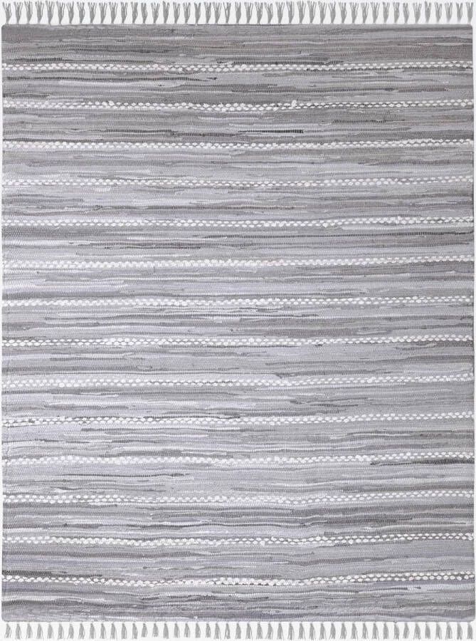 Kelim Chindi tapijt Nandini 60x110cm entreemat grijs patchtapijt handgeweven gerecycled materiaal bedmat van katoen