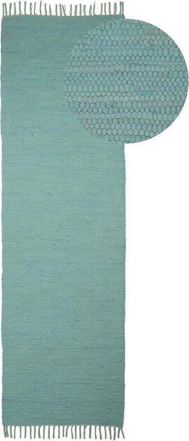Kelim Chindi Vloerkleed effen loper turquoise 60 x 180 cm handgeweven vlektapijt van katoen voor woonkamer met franjes