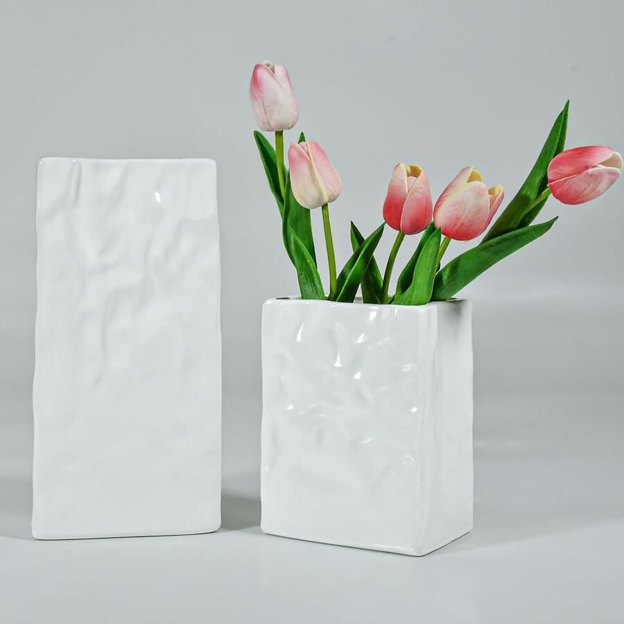 Keramische bloemenvazen 16 cm + 25 cm crèmekleurig moderne decoratieve vazen voor pampasgras tulpen rozen woonkamer boekenkast tafeldecoratie cadeau voor mama oma
