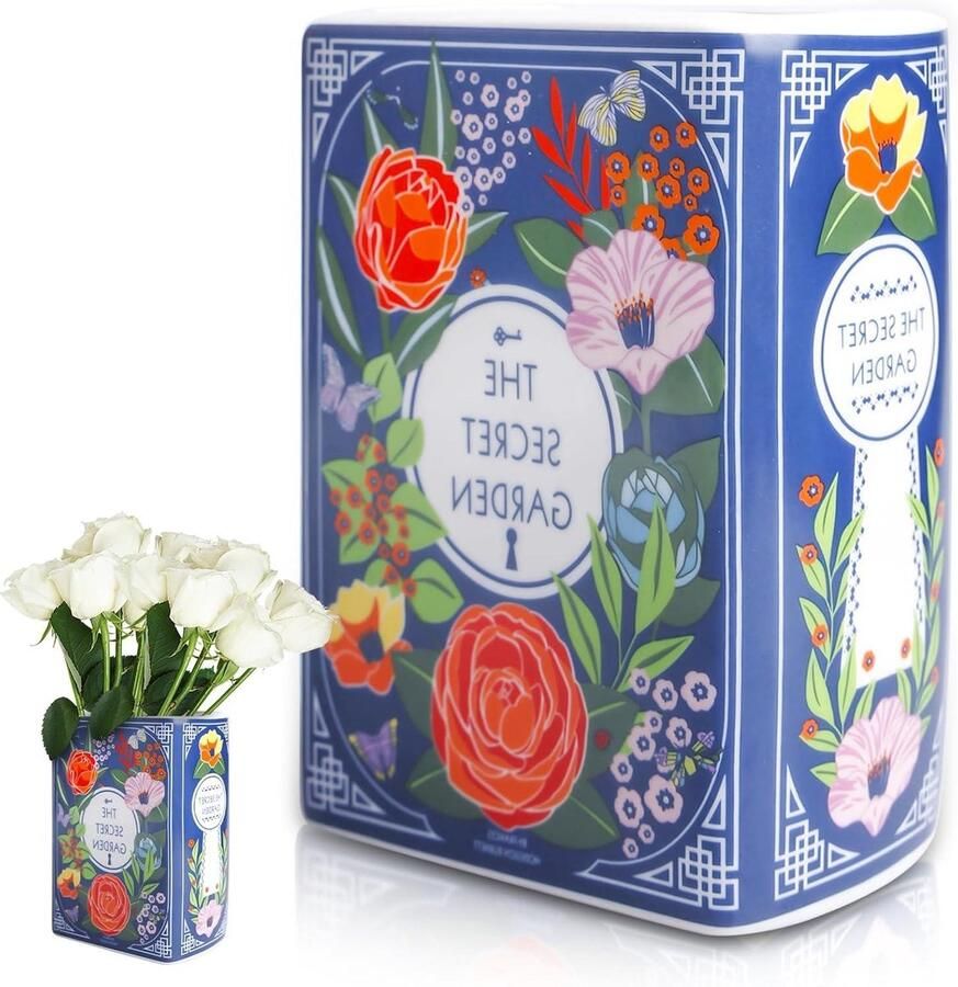 Keramische boekenvaas 14 x 10 x 6 cm geheime tuin kleine bloemenvaas retro boekenvaas ideaal voor boekenkast bloemstukken cadeau decoratie thuis slaapkamer kantoor