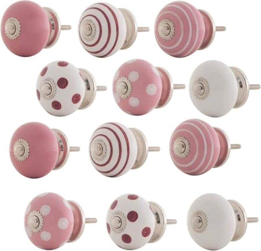 Keramische Deurgrepen Set van 12 Stuks in Roze-Wit Hoogwaardige Kastdeur- en Ladegrepen