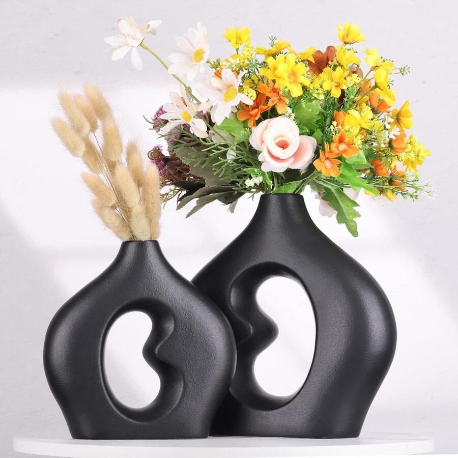 Keramische Donut Vazen Set van 2 Scandinavische Stijl Zwarte Cirkel Vazen Woondecoratie Pampasgras Eettafel Middelpunt Entree Decor Mantel Decor